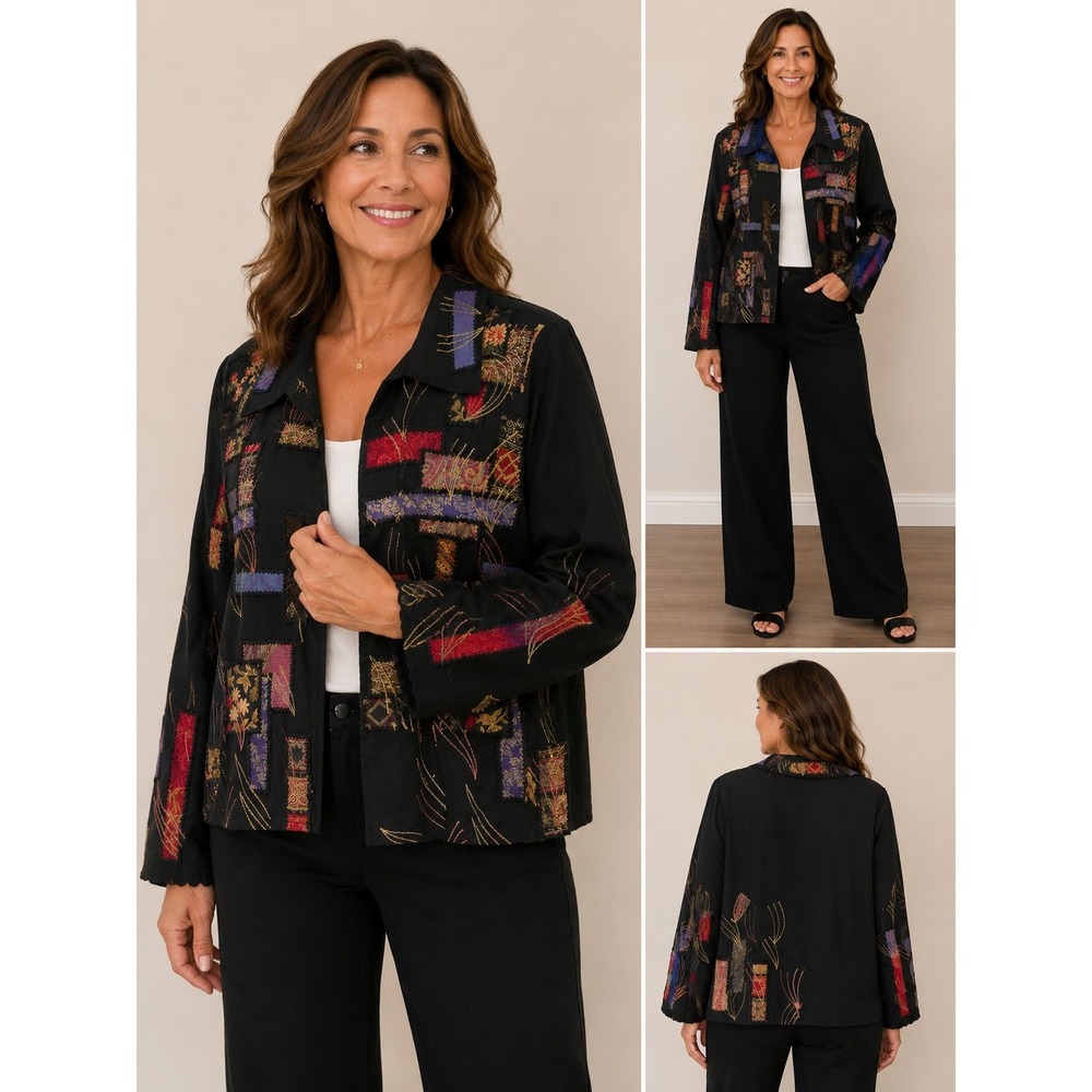 Coldwater Creek Womens‎ PXL patch Black Multicolor Embroidered Blazer Cardigan